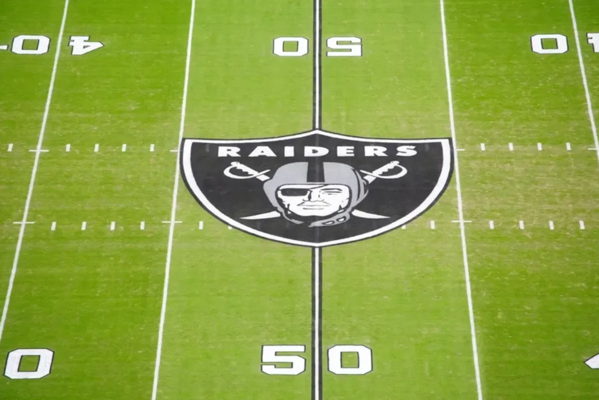 Nov 23, 2025; Paradise, Nevada, USA; The Las Vegas Raiders shield logo at midfield Allegiant Stadium. Mandatory Credit: Kirby Lee-Imagn Images