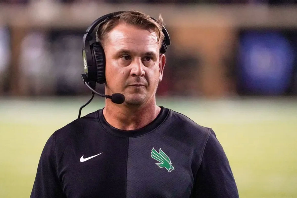 Oct 10, 2025; Denton, Texas, USA; North Texas Mean Green head coach Eric Morris stands on the sidelines against the South Florida Bulls during the second half of a game at DATCU Stadium. Mandatory Credit: Raymond Carlin III-Imagn Images