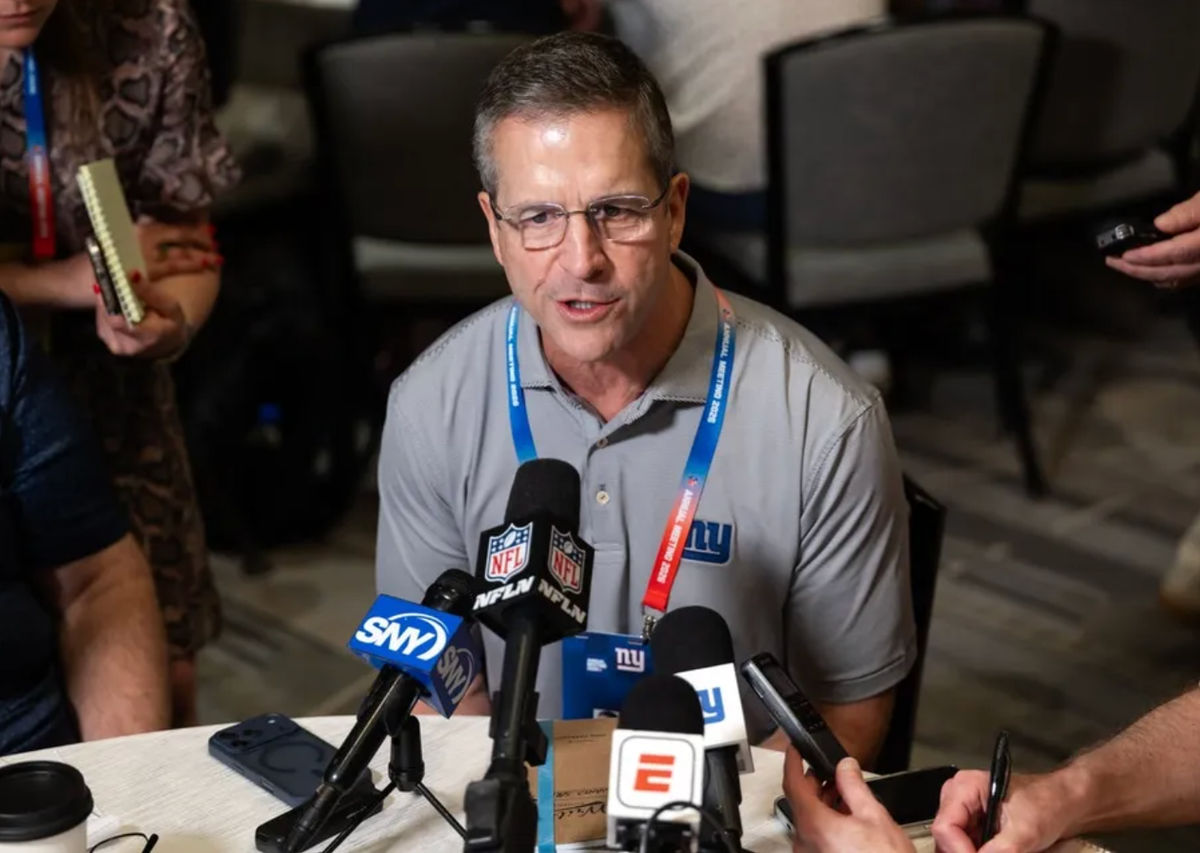 Mar 30, 2026; Phoenix, AZ, USA; New York Giants head coach John Harbaugh during the 2026 NFL Annual League Meeting at the Arizona Biltmore. Mandatory Credit: Mark J. Rebilas-Imagn Images
