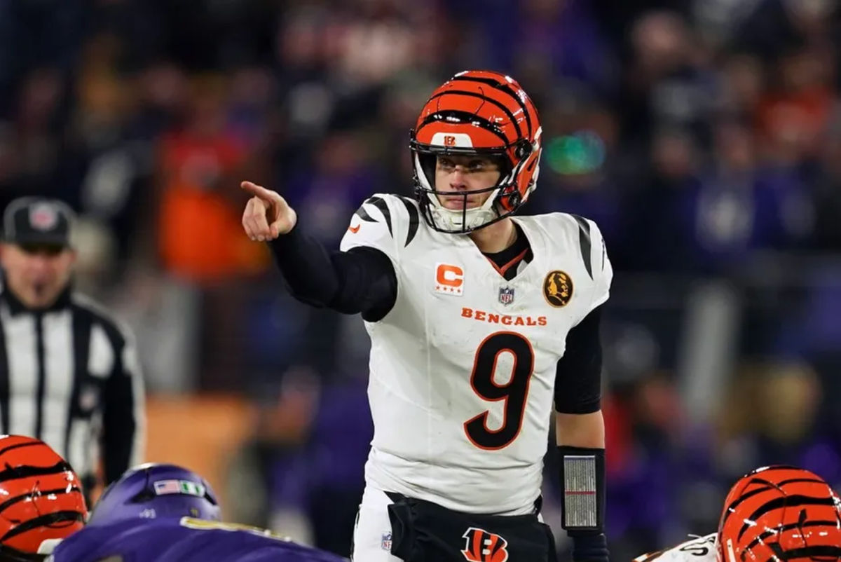 Nov 27, 2025; Baltimore, Maryland, USA; Cincinnati Bengals quarterback Joe Burrow (9) reacts against the Baltimore Ravens during the second half at M&T Bank Stadium. Mandatory Credit: Mitch Stringer-Imagn Images