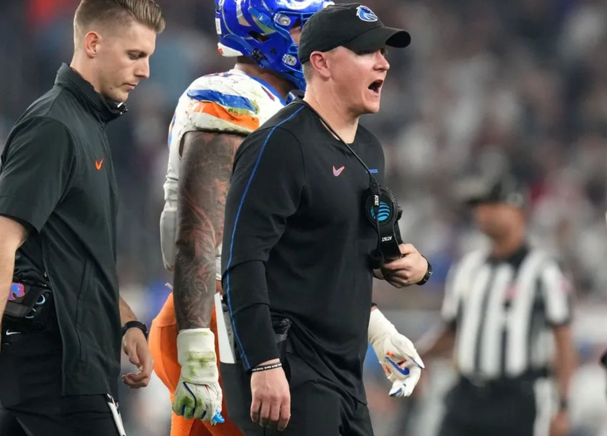 Boise State Broncos head coach Spencer Danielson yells out to his team as they play the Penn State Nittany Lions during their Vrbo Fiesta Bowl matchup at State Farm Stadium on Dec. 31, 2024.