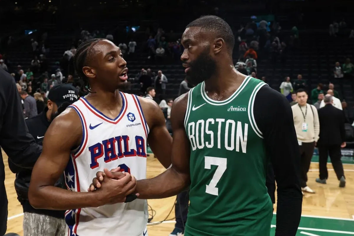 May 2, 2026; Boston, Massachusetts, USA; Philadelphia 76ers guard Tyrese Maxey (0) talks with Boston Celtics guard Jaylen Brown (7)after Philadephia’s win in game seven of the first round of the 2026 NBA Playoffs at TD Garden. Mandatory Credit: Winslow Townson-Imagn Images
