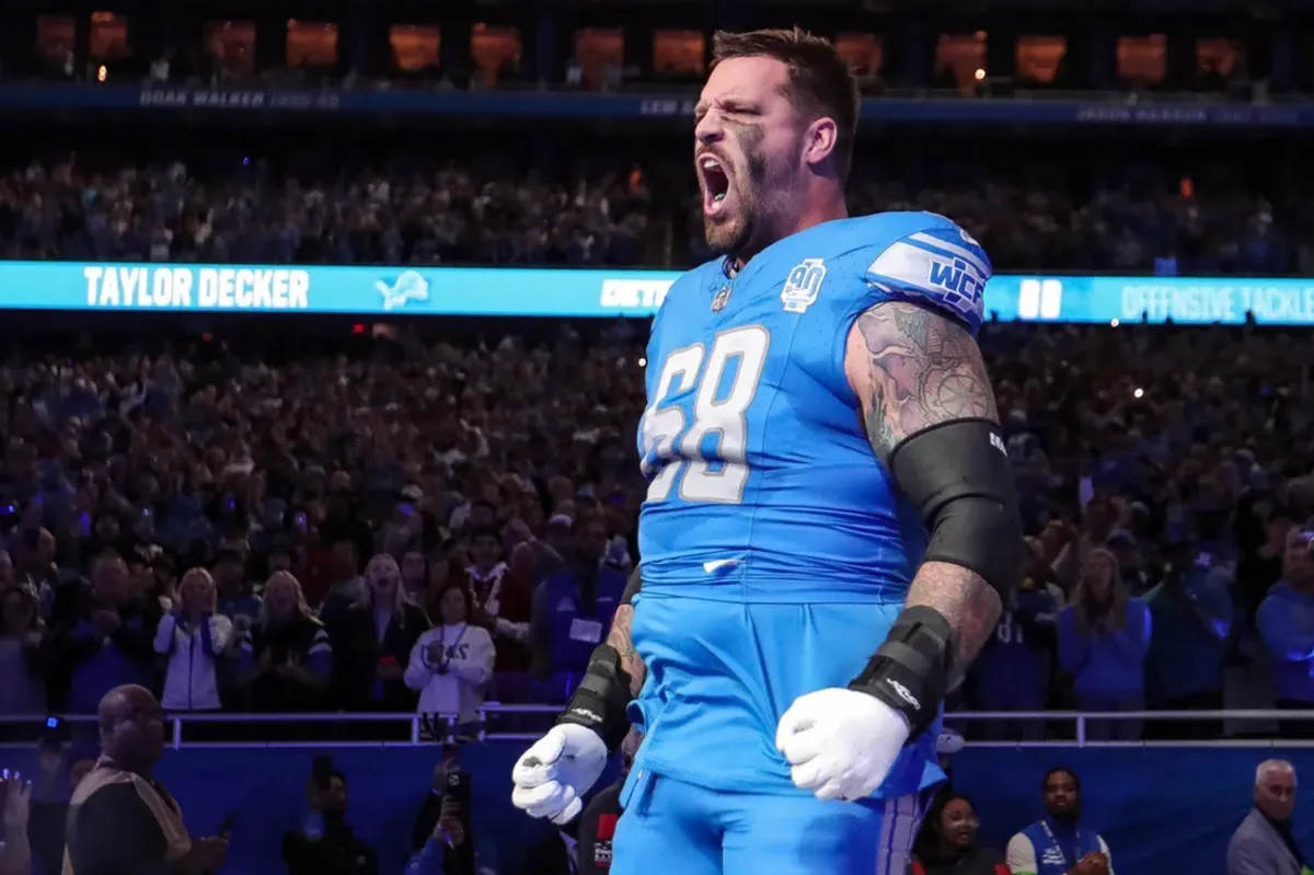 Detroit Lions offensive tackle Taylor Decker (68) takes the field during introduction before the between Detroit Lions and Carolina Panthers at Ford Field in Detroit on Sunday, Oct. 8, 2023.
