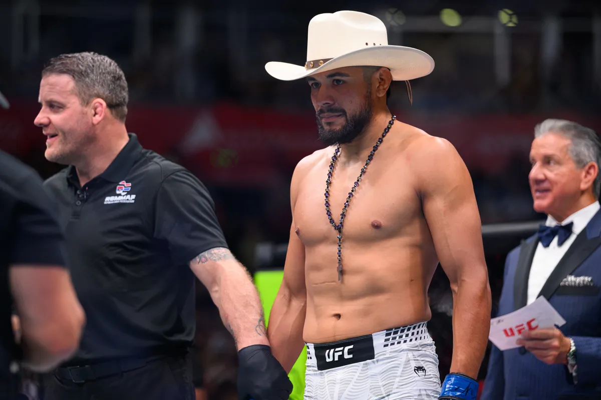 Aug 1, 2026; Belgrade, Serbia; Gilbert Urbina after his win against Vlasto Cepo (not shown) during UFC Fight Night at Belgrade Arena. Mandatory Credit: Per Haljestam-Imagn Images