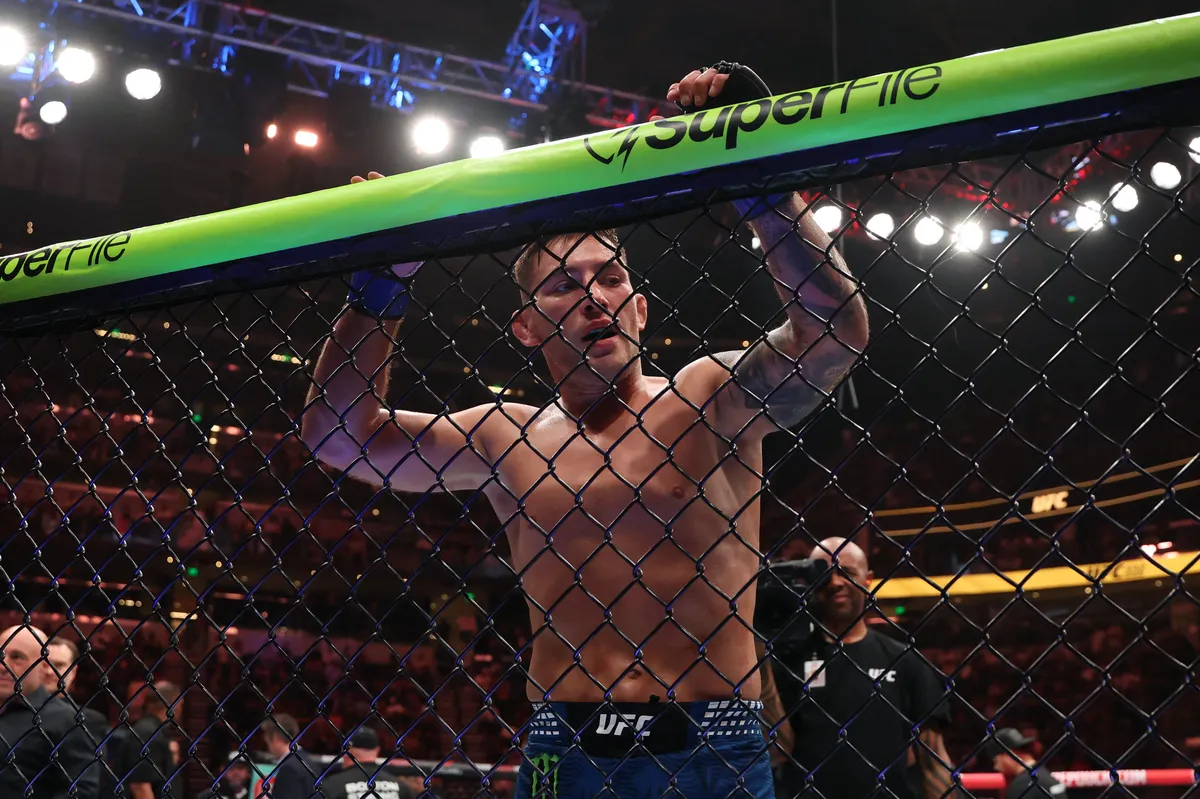 Oct 3, 2026; Salt Lake City, Utah, USA; Esteban Ribovics (blue gloves) reacts after the fight against King Green (red gloves) during UFC 332 at Delta Center. Mandatory Credit: Rob Gray-Imagn Images