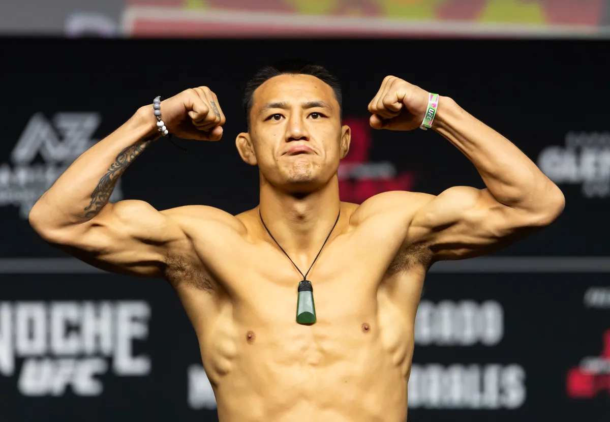 Sep 11, 2026; Glendale, Arizona, UNITED STATES; UFC fighter Zhu Rong during weigh-ins for UFC Noche Fight Night at Desert Diamond Arena. Mandatory Credit: Mark J. Rebilas-Imagn Images